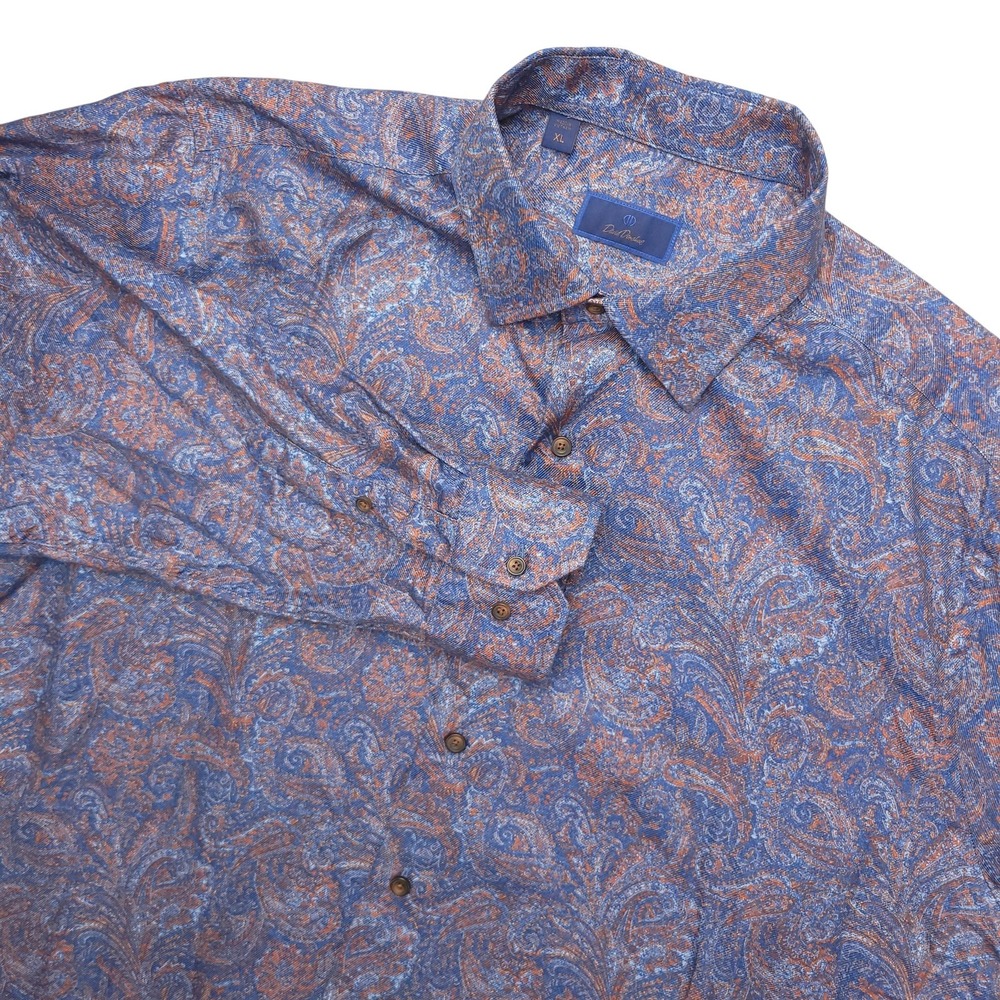 David Donahue Dress Shirt Mens XL Blue Paisley Regular Fit Cotton Long Sleeve